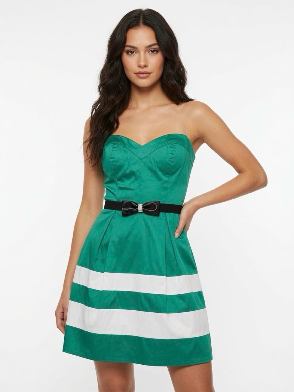 Y2K bebe Strapless Green and White Stripe dress with Bow Belt rhinestones XS
